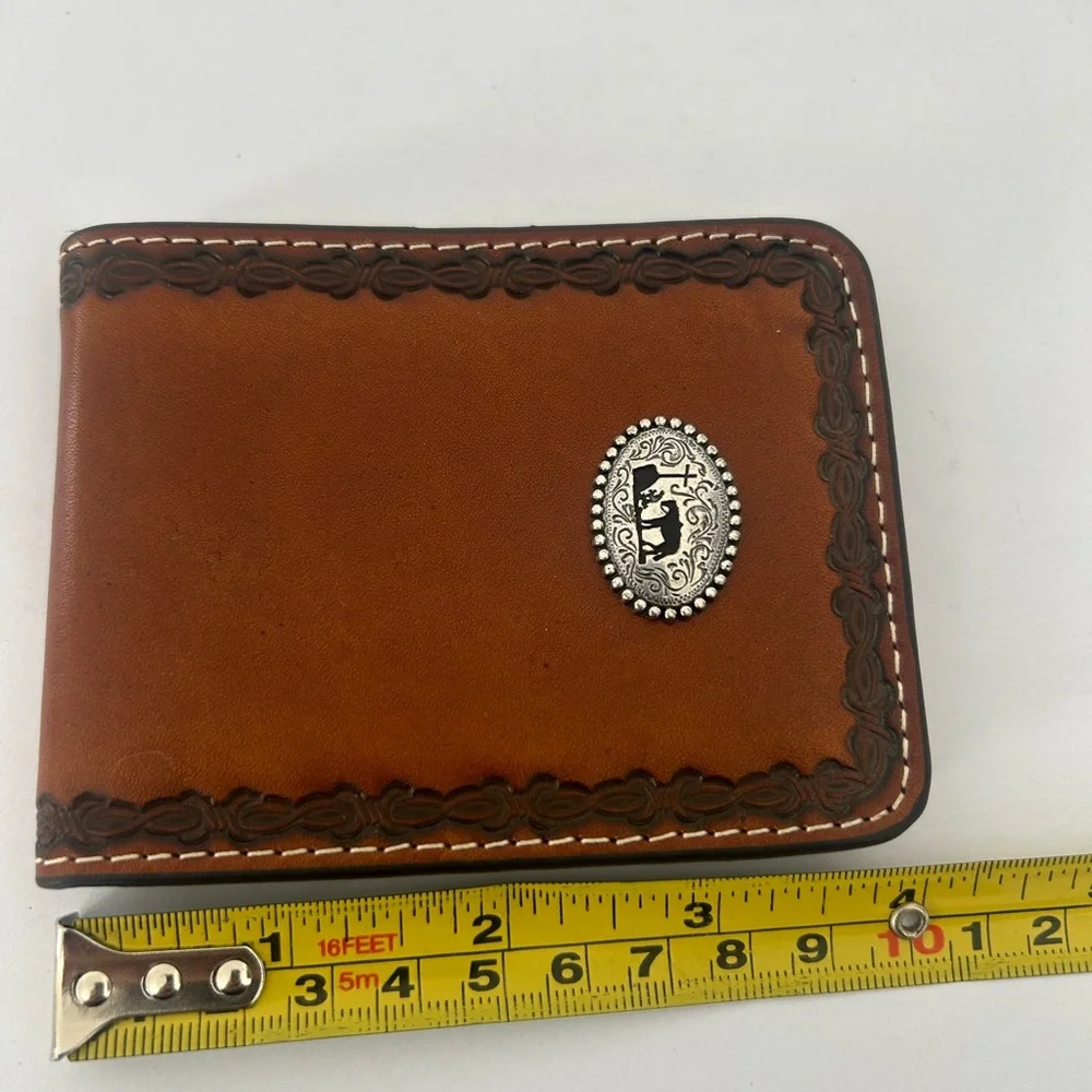 Nocona Brown Leather Slim fold with Money Clip Wallet and Praying Cowboy Emblem